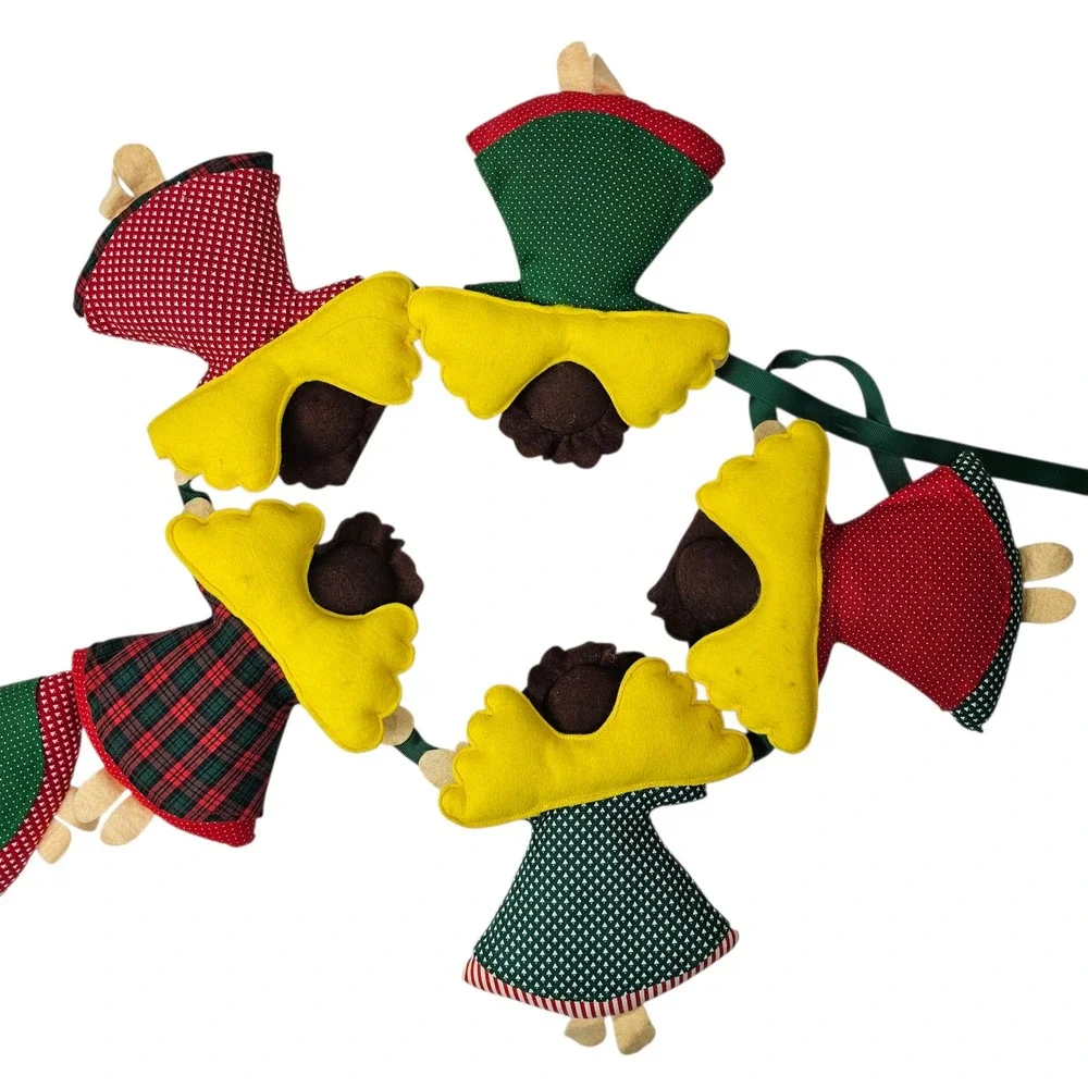 Vintage Style Fabric Angel Christmas Garland Set of 2 Red Green Plaid Folk Art